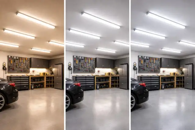 Porównanie, jakie oświetlenie do garażu: ciepłe, neutralne i zimne. Widać samochód, narzędzia i szafki.