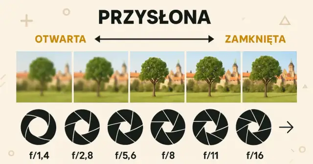 Ilustracja pokazuje, jak preselekcja przysłony wpływa na głębię ostrości. Od otwartej (f/1,4) do zamkniętej (f/16), tło staje się coraz bardziej ostre.