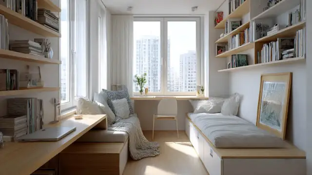 Zabudowa wąskiego pokoju z łóżkiem, siedziskiem i biurkiem pod oknem. Półki z książkami tworzą przytulną atmosferę.