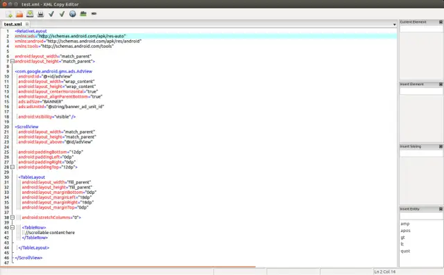 Edytor kodu XML pokazuje, jak otworzyć plik XML z kodem Android Layout. Widoczne są tagi takie jak RelativeLayout, ScrollView i TableLayout.