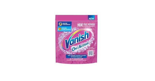 Opakowanie Vanish Oxi Action z różowym wzorem, bąbelkami i napisem "10X Oxi Power".
