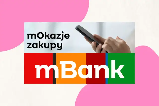 mBank API co to jest? Dwie ręce trzymają smartfon, na ekranie napis "mOkazje zakupy", poniżej logo mBank.