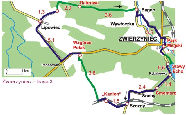 Mapa trasy rowerowej Zwierzyniec Florianka. Znajdziesz tu punkty takie jak Lipowiec, Bagno, Park Miejski, Stawy Echo, Cmentarz, Sochy, Szozdy i "Kanion".