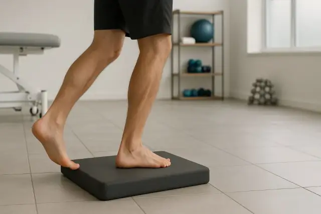 Ćwiczenia po złamaniu kości śródstopia: mężczyzna stawia stopę na podwyższeniu, rehabilitacja w gabinecie.