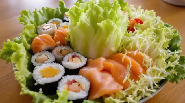 Talerz sushi z łososiem i warzywami. Jaka sałata do sushi? Ta chrupiąca, zielona sałata lodowa stanowi idealną bazę.