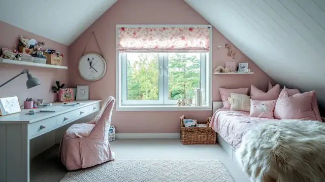 Uroczy mały pokój dla dziewczynki w pastelowych kolorach. Biurko, wygodne łóżko i mnóstwo pluszaków tworzą przytulną przestrzeń.