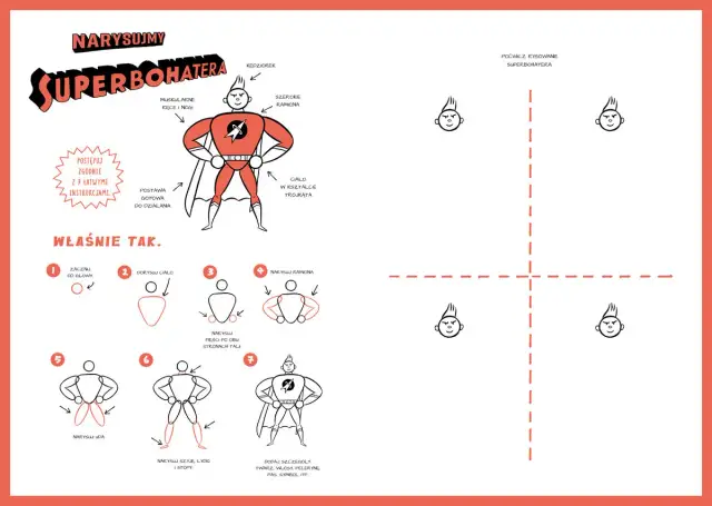 Ilustracja przedstawia instrukcję rysowania superbohatera krok po kroku, z gotowym rysunkiem i schematem.