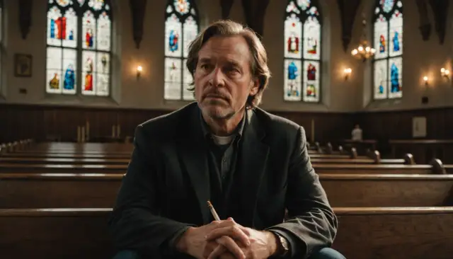 Zamyślony mężczyzna w kościele, trzymający papierosa, zastanawia się, czy tarot to grzech.