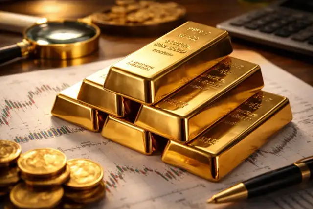 Sztabki złota, monety, wykresy finansowe, lupa i długopis.