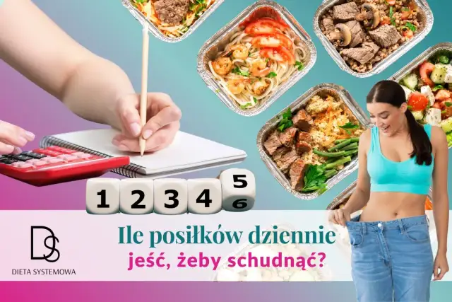 Kobieta z radością pokazuje za duże spodnie, obok kostki z cyframi i pudełka z jedzeniem. Ile posiłków dziennie jeść, żeby schudnąć?