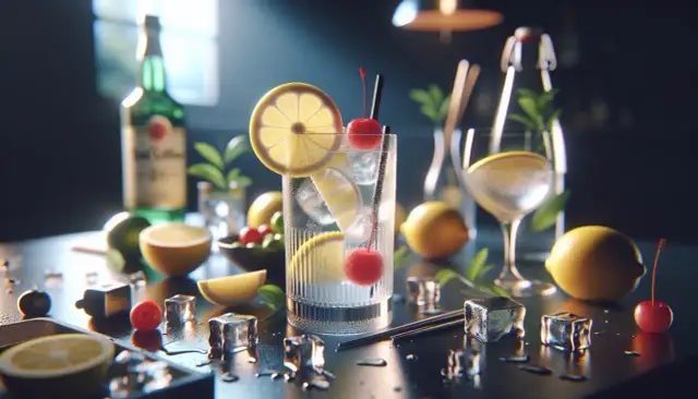 Orzeźwiający Tom Collins i John Collins z cytryną i wiśnią, obok butelki ginu i składników.