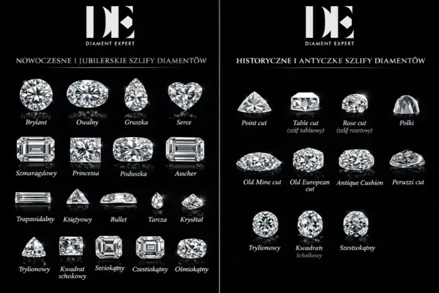 Nowoczesne i historyczne nazwy diamentów: brylant, owalny, gruszka, serce, szmaragdowy, princessa, poduszka, asscher, point cut, table cut, rose cut, polki, old mine cut, old european cut, antique cushion, peruzzi cut, trapezoidalny, księżycowy, bullet...