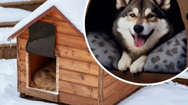 Jak ogrzać budę dla psa? Wnętrze wyścielone słomą i workiem, a na zewnątrz śnieg. W środku uśmiechnięty piesek.