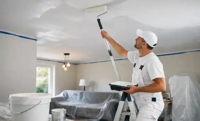 Malowanie sufitu: fachowiec w białym kombinezonie na drabinie wałkiem nakłada farbę. W tle meble okryte folią.
