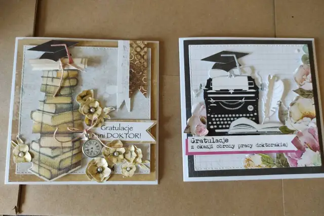 Dwie kartki z gratulacjami z okazji obrony doktoratu: jedna ze stosem książek i biretem, druga z maszyną do pisania i piórem.