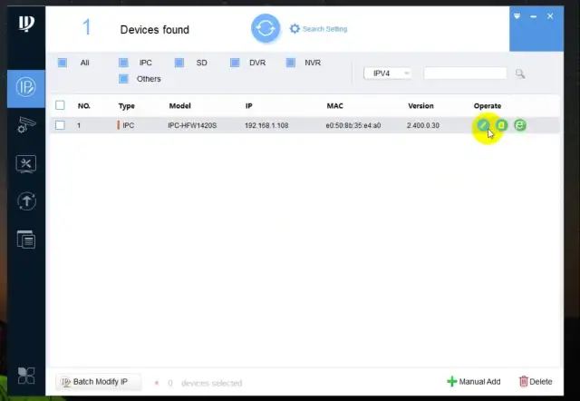 Konfiguracja dahua kamera wifi. Widok programu do zarządzania urządzeniami IP, lista znalezionych kamer z opcją edycji.