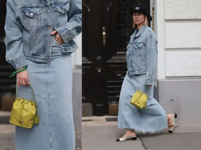 Stylowa spódnica jeansowa i kurtka tworzą modny total look. Idealne stylizacje zima dla miłośniczek denim.