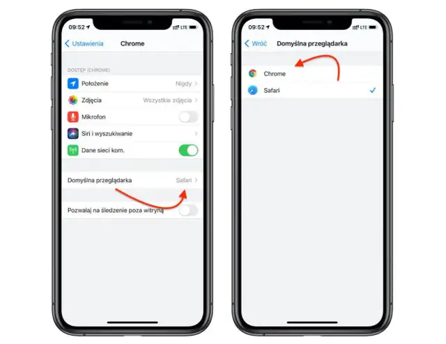 Dwa ekrany iPhone'a pokazujące ustawienia domyślnej przeglądarki: Chrome i Safari.