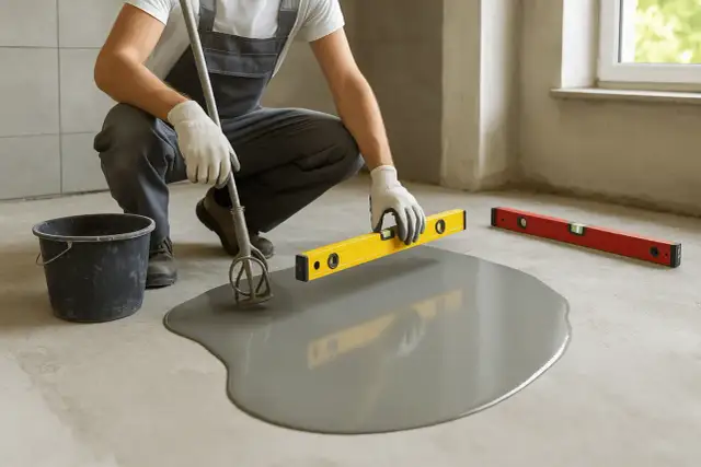 Pracownik wylewa masę samopoziomującą, sprawdzając poziom. To kluczowy etap, jak przygotować podłoże pod wylewkę betonową.