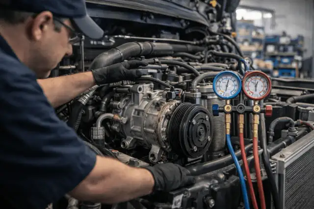 Mechanik dokonuje montażu kompresora na pojazdach ciężarowych, używając manometrów do kontroli ciśnienia.