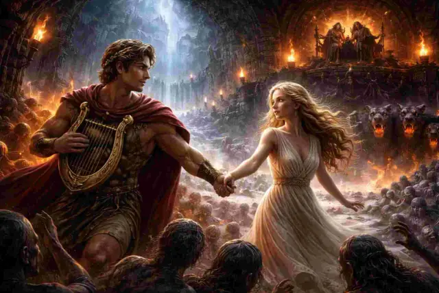 Orfeusz z lirą prowadzi Eurydykę przez mroczne podziemia, gdzie czają się potwory i duchy. To scena z mitu o Orfeuszu.