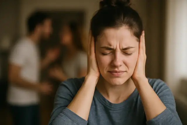 Kobieta zatyka uszy, cierpiąc z powodu hałasu. Zastanawia się, co zrobić z uciążliwym sąsiadem w bloku.