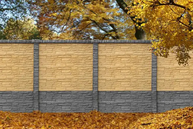 Piękny, dwukolorowy beton dekoracyjny, który można odświeżyć, pytając czym pomalować beton dekoracyjny. Jesienne liście wokół.