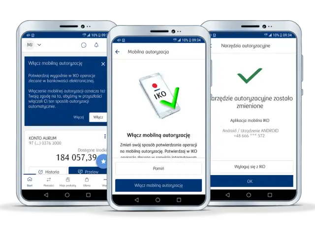 Jak pobrać aplikację IKO na telefon? Trzy ekrany smartfonów pokazują proces włączania autoryzacji mobilnej w aplikacji bankowej.