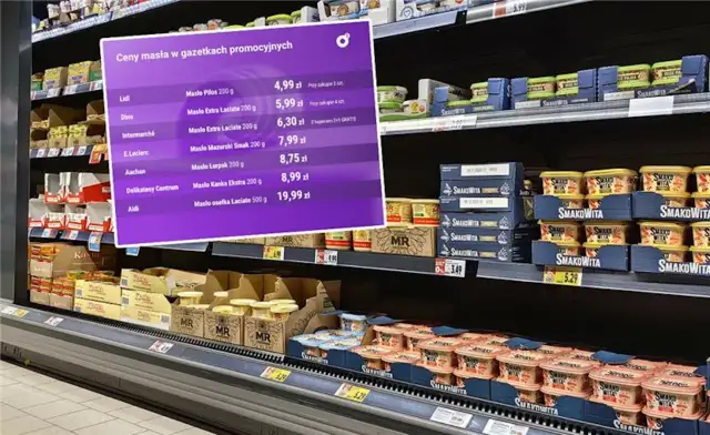 Fioletowa plansza z cenami masła w promocji na tle półek sklepowych z produktami.