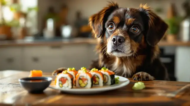 Zastanawiasz się, czy pies może jeść sushi? Ten słodki piesek z zaciekawieniem patrzy na talerz pełen sushi, jakby sam sobie zadawał to pytanie.