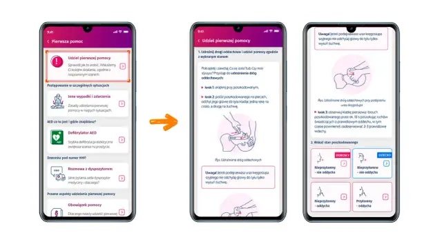 Trzy ekrany telefonu z instrukcjami pierwszej pomocy: udrażnianie dróg oddechowych, sprawdzanie oddechu i AED.