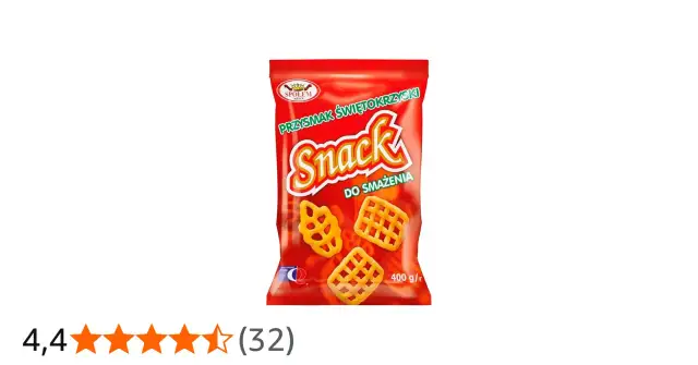 Czerwona paczka z przekąskami "Snack do smażenia" z widocznymi chrupkami o kształcie wafli.