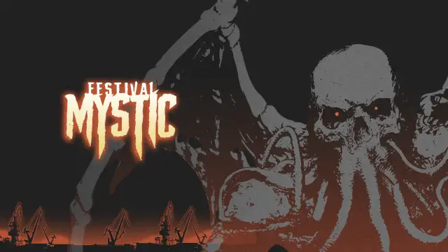 Mroczna wizja potwora z mackami i płonącymi oczami, zapowiadająca **mystic festival 2026**. W tle portowe dźwigi.
