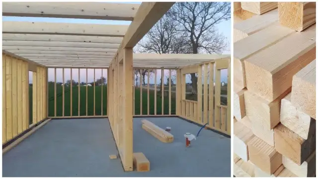 Budowa domu szkieletowego: widok wnętrza z drewnianą konstrukcją ścian i stropu oraz zbliżenie na stosowane drewno.