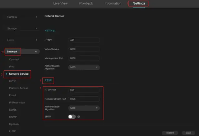 Ustawienia sieciowe, sekcja RTSP. Widoczny port RTSP 554 i port strumienia zdalnego 6005.
