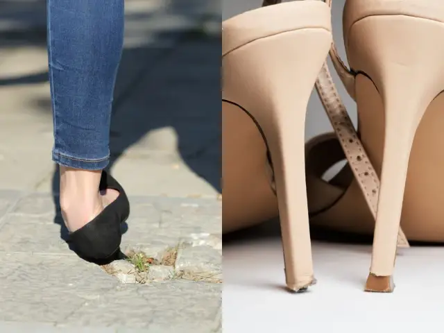 Zbliżenie na nogę w czarnym czółenku na nierównym chodniku i uszkodzone obcasy beżowych sandałów.