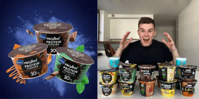 Mężczyzna z otwartymi ustami i rękami w górze, otoczony przez wiele kubków puddingu proteinowego.