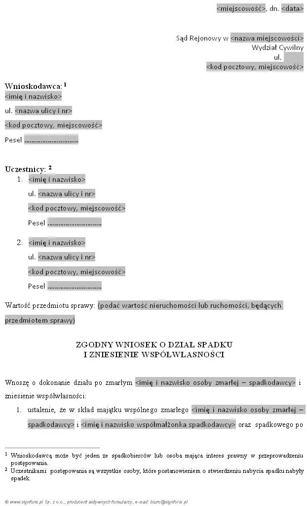 Jak napisać wniosek o dział spadku i zniesienie współwłasności