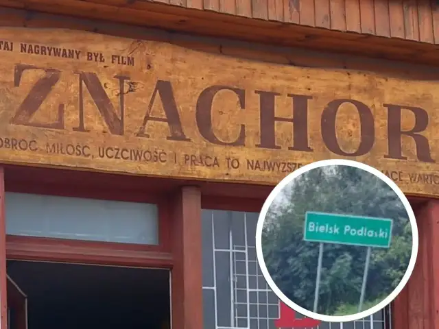 Drewniany napis "Znachor" i tablica z napisem "Bielsk Podlaski" - tu gdzie nagrywano film.