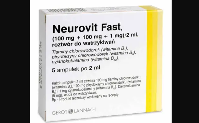 Opakowanie leku Neurovit Fast, roztwór do wstrzykiwań z witaminami B1, B6, B12. Produkt leczniczy wydawany na receptę.