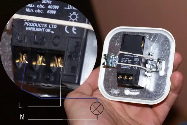 Schemat jak podłączyć ściemniacz oświetlenia. Widać zaciski L1, L2, C i podłączenie fazy (L) oraz przewodu do lampy.