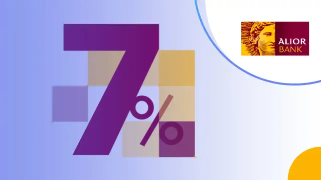 Duża cyfra 7 z symbolem procentu, logo Alior Bank. Sprawdź, jakie oprocentowanie w Alior Bank możesz uzyskać.