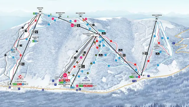 Mapa tras narciarskich ośrodka Szczyrk z zaznaczonymi szlakami, wyciągami i punktami.