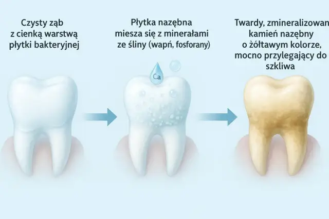 Proces powstawania kamienia nazębnego: od czystego zęba, przez mineralizację płytki, aż do żółtego, twardego kamienia. Kamień nazębny sam odpada? Nie, wymaga leczenia.