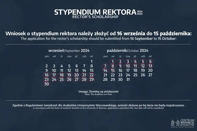 Kalendarz z zaznaczonymi datami od 16 września do 15 października 2024 r.