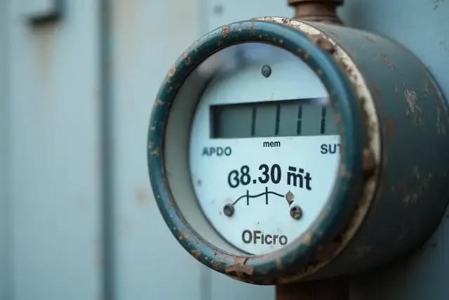 Zbliżenie na licznik gazu z cyfrowym wyświetlaczem pokazującym 38.30 m³.