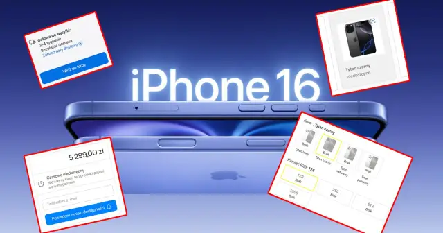 Nowy iPhone 16 w kolorze tytan czarny, z informacjami o cenie i dostępności.