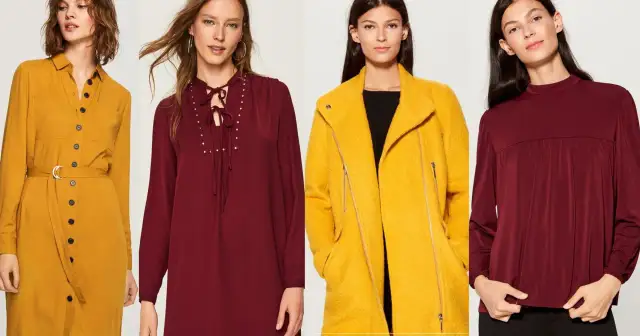 Miodowy kolor sukienki i płaszcza świetnie komponuje się z bordowymi bluzkami.