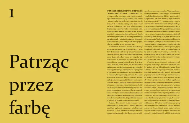 Symbolizm co to? Wielkie litery "Patrząc przez farbę" i numer 1 na żółtym tle. Tekst omawia analizę dzieł sztuki.
