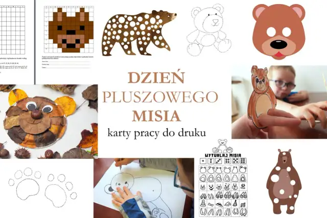 Kolaż z różnymi wizerunkami misiów: rysunki, maska, misie z liści, karty pracy.